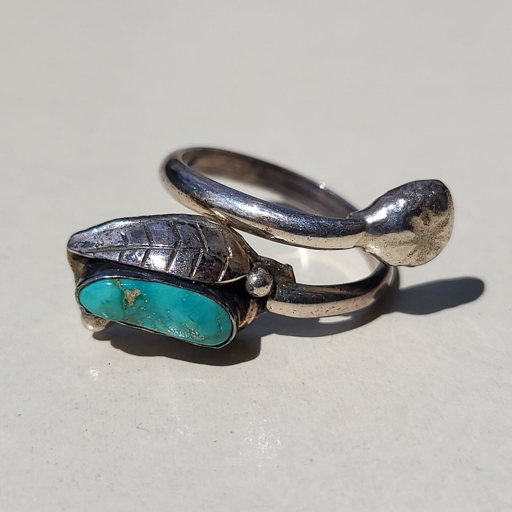 Vintage LK 925 Sterling Silver Turquoise Leaf Bypass Ring Size 6.5 Teal Native